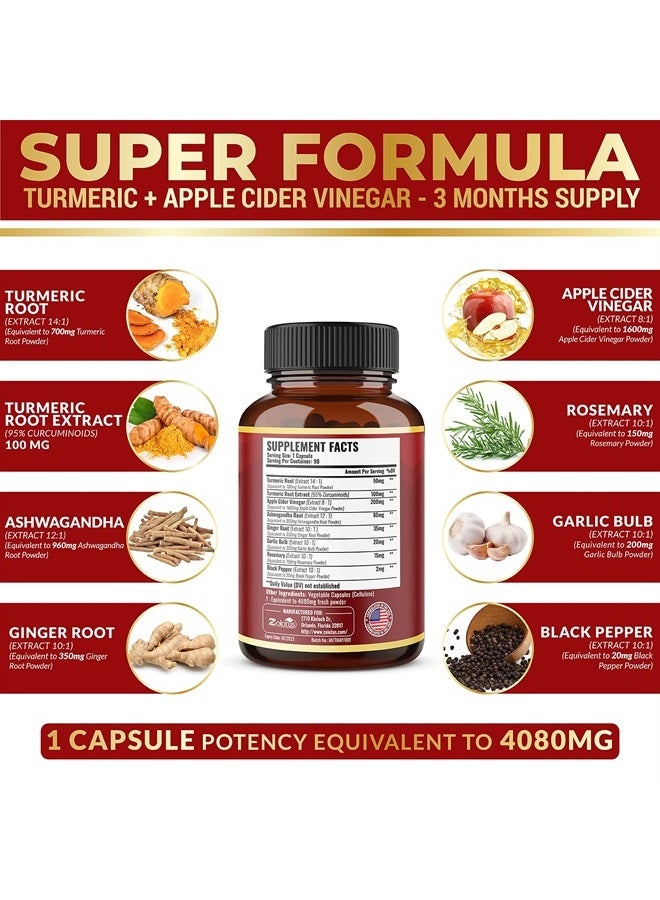 Zolotus كبسولات الكركم الكركمين + خل التفاح 7 في 1، تعادل 4080 ملغ، إمداد لمدة 3 أشهر مع الأشواغاندا، الزنجبيل، فص الثوم، 95% كركمين موحد، دعم المفاصل والامتصاص - Image 2