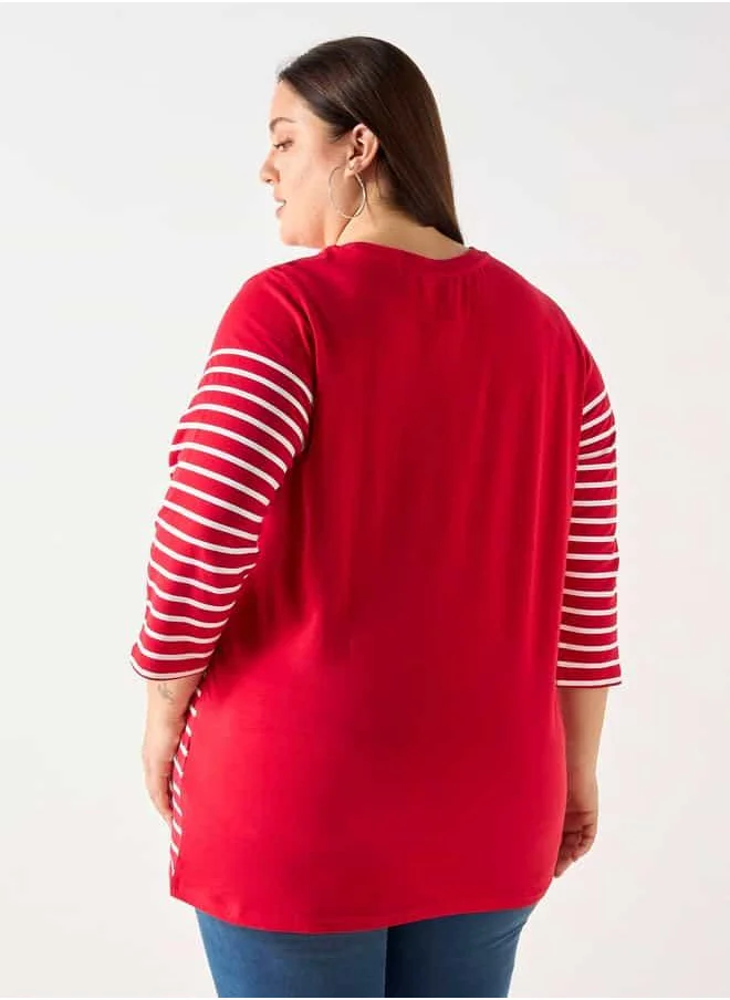 Ulla Popken Plus Size Ulla Popken Striped T-shirt with 3/4 Sleeves