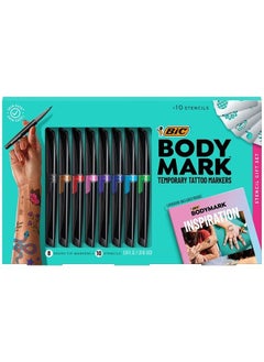 BodyMark Temporary Tattoo Markers for Skin, Stencil Gift Set, Flexible Brush Tip, 8-Count Pack of Assorted Colors, Skin-Safe, Cosmetic Quality