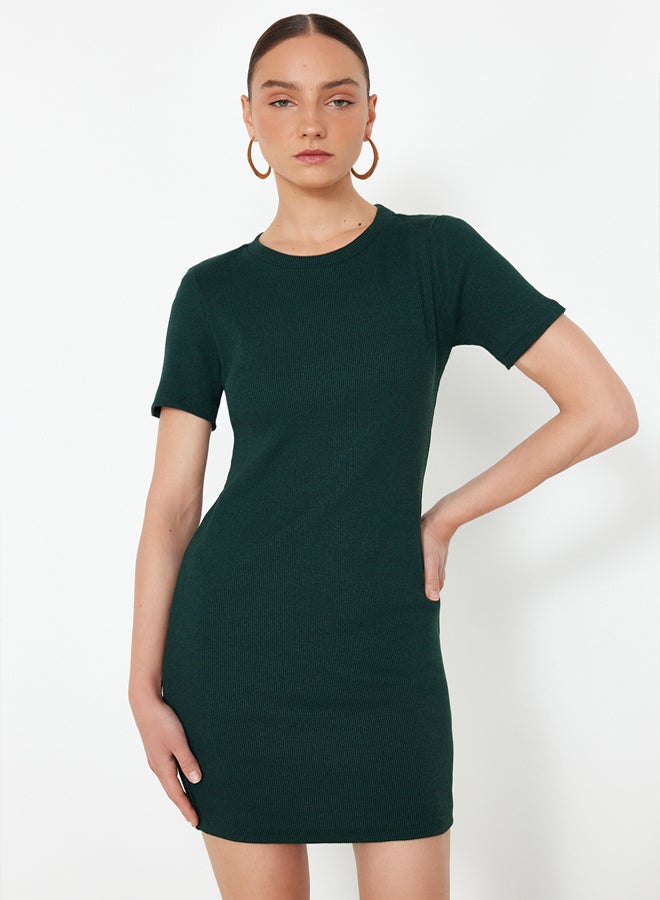 trendyol Emerald Body-Sitting Mini Crew Neck Ribbed Flexible Knitted Pencil Dress TWOSS19AD0053 - Image 3