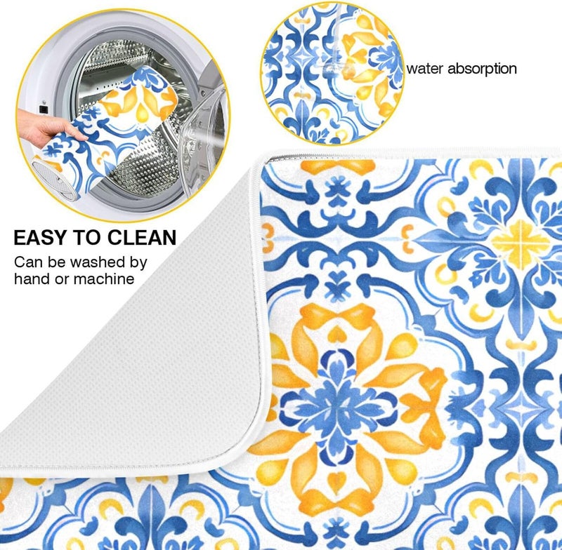 senya Boho Dish Drying Mat for Kitchen Counter, Blue Yellow Moroccan Print Drying Pad Absorbent Dishes Drainer Mats Trivet 16 x 18 Inch - Image 3