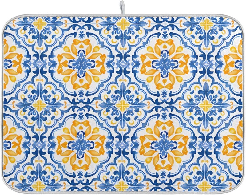 senya Boho Dish Drying Mat for Kitchen Counter, Blue Yellow Moroccan Print Drying Pad Absorbent Dishes Drainer Mats Trivet 16 x 18 Inch - Image 1