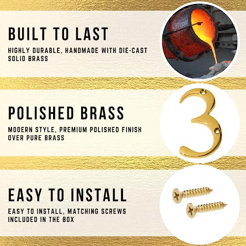 A10SHOP Clio 3-Inch Solid Brass Lacquered Polished Mailbox Numbers House Numbers For Outside, Address Plaques for House Numbers, Outdoor Decor (Polished Brass, Number 3) - Image 3