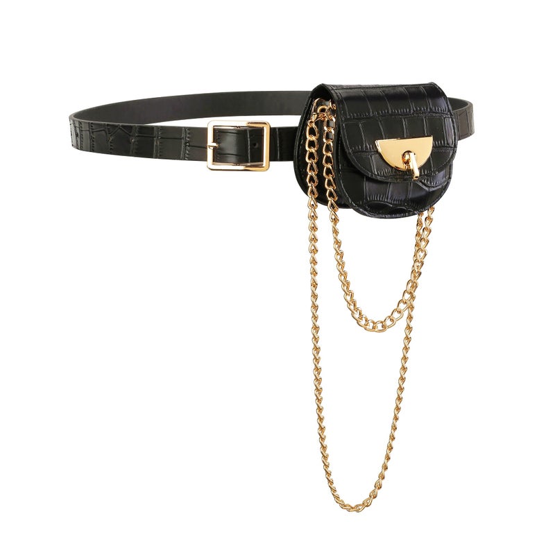 Ayliss Women Fanny Waist Bag PU Leather Belt Bag for Women Fanny Pack Mini Belt Bag Crossbody Waist Purse Y2K Chain Bag Detachable (Black #1) - Image 1