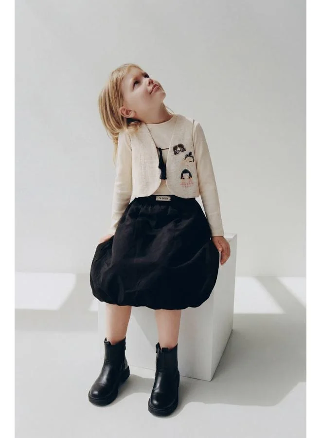 Magu Girls' Cotton Ecru and Black Appliqué Vest and Skirt Set - 3-Piece
