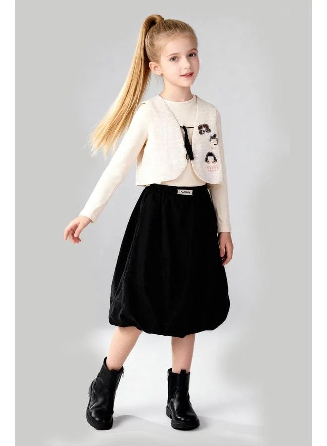 Magu Girls' Cotton Ecru and Black Appliqué Vest and Skirt Set - 3-Piece