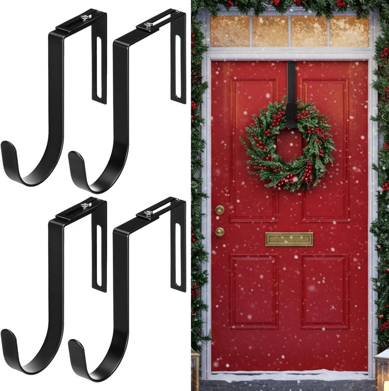 LEIFIDE 4 Pcs Christmas Width Adjustable Wreath Hanger for Front Door 1.5-3.78" Large Over The Door Christmas Decoration Hook 20 Lbs Capacity, Black - Image 1