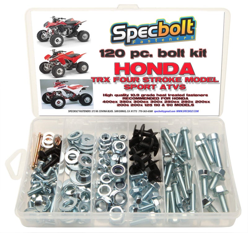 طقم براغي Specbolt 120 قطعة للصيانة والترميم يناسب هوندا 400EX 250EX براغي OEM Spec للربط رباعية TRX400EX TRX250X وأيضًا رائعة لـ ATC TRX 350x 300ex 300x 250ex 250x 200sx 200s 200x TRX90