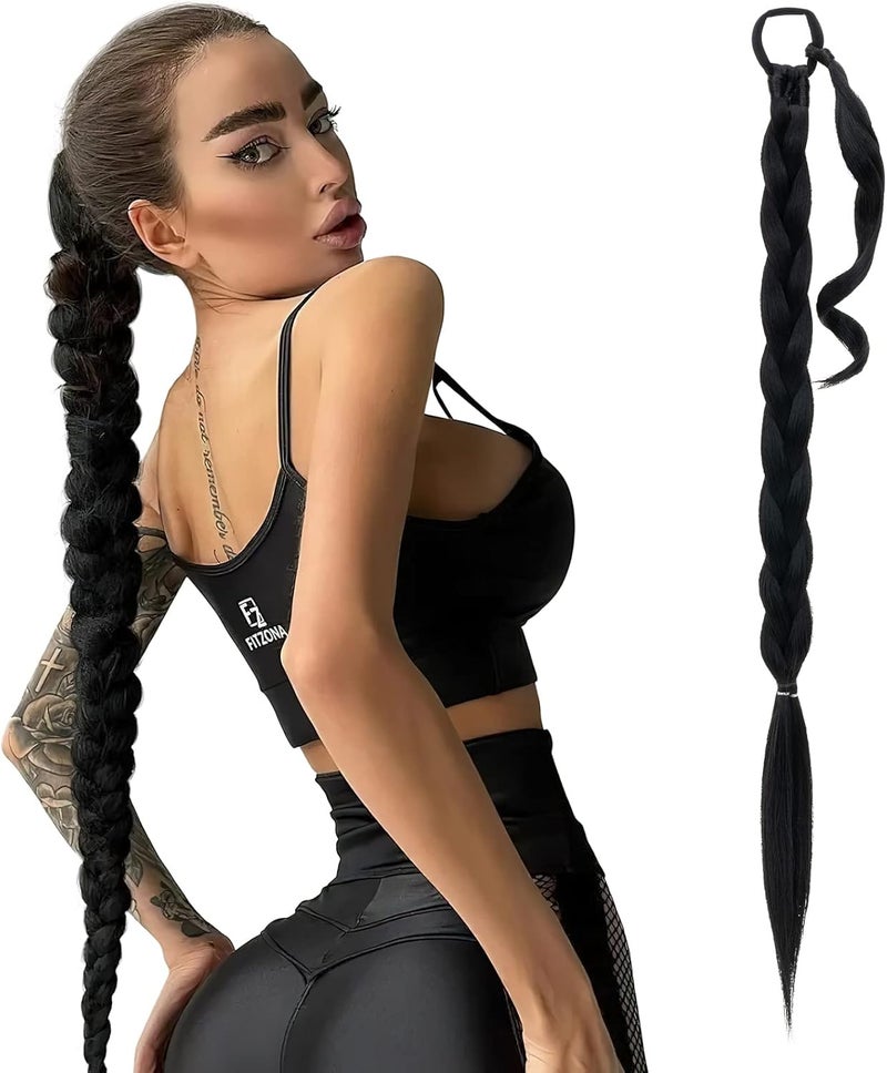 SEGO Long DIY Braided Ponytail Extension 150G Synthetic Hairpiece Straight Wrap Around Ponytail With Hair Tie Daily Wear 34 Inch Black
