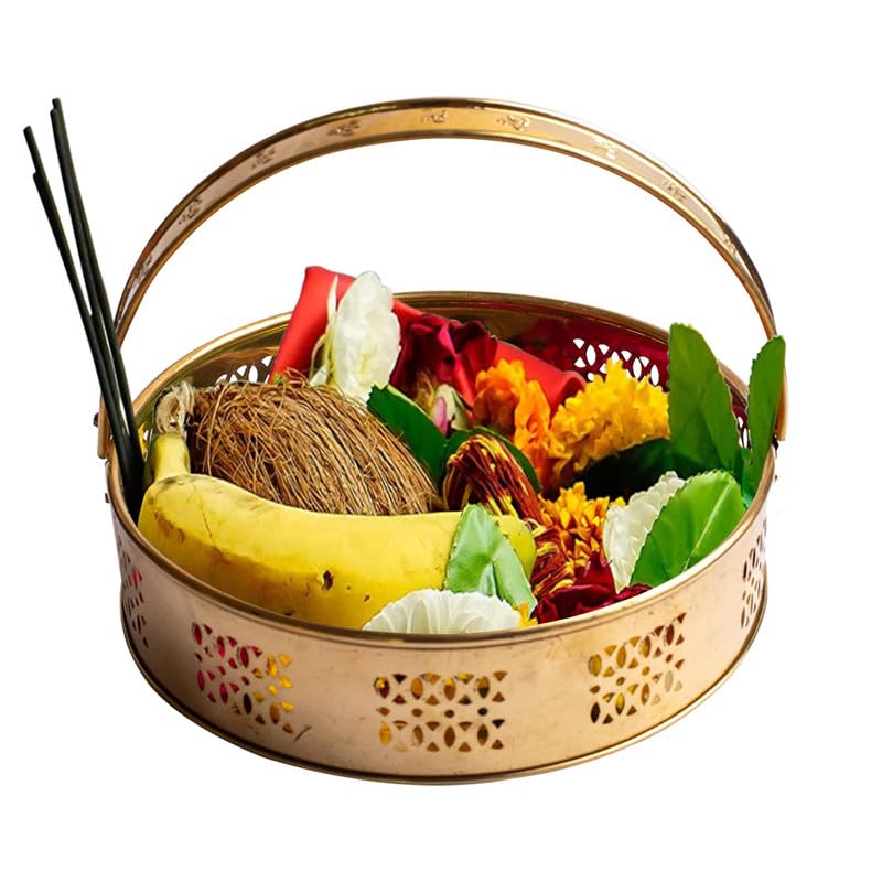 TORPPEZA Brass Golden Color Flower Basket | Pooja Basket with Handle | Dolchi Basket for Puja Brass Traditional Round Shape Pooja Basket/Pooja Dalia (8 Inch) - Image 2