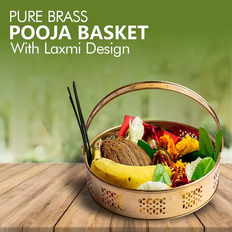 TORPPEZA Brass Golden Color Flower Basket | Pooja Basket with Handle | Dolchi Basket for Puja Brass Traditional Round Shape Pooja Basket/Pooja Dalia (8 Inch) - Image 3