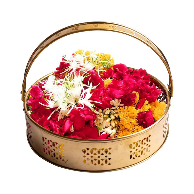 TORPPEZA Brass Golden Color Flower Basket | Pooja Basket with Handle | Dolchi Basket for Puja Brass Traditional Round Shape Pooja Basket/Pooja Dalia (8 Inch) - Image 1