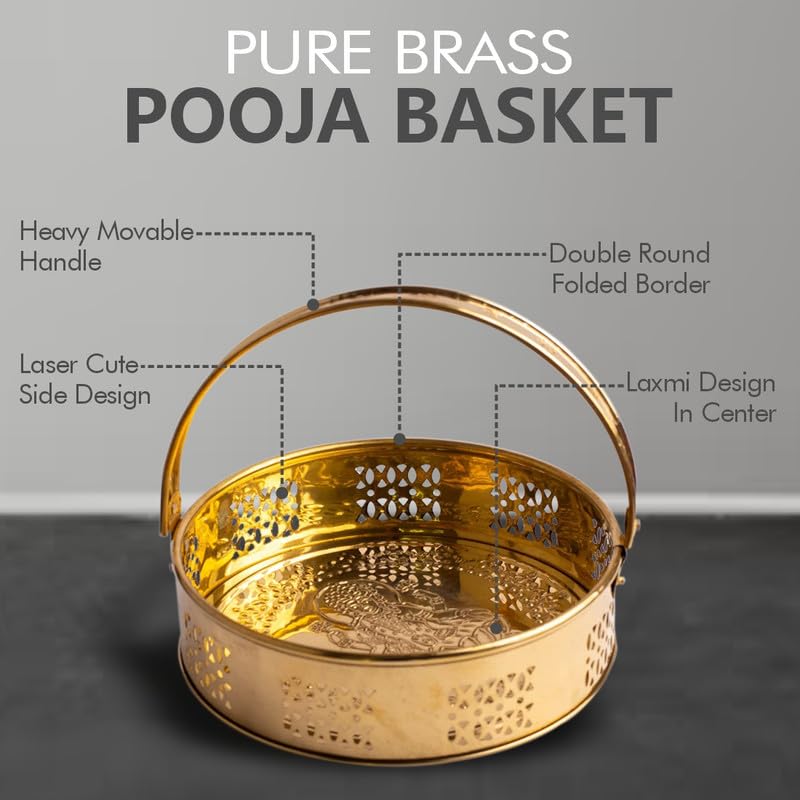 TORPPEZA Brass Golden Color Flower Basket | Pooja Basket with Handle | Dolchi Basket for Puja Brass Traditional Round Shape Pooja Basket/Pooja Dalia (8 Inch) - Image 5