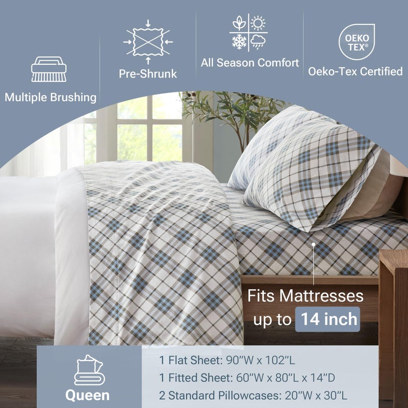 Sleep Philosophy True North by Sleep Philosophy Cozy Flannel Warm 100% Cotton Sheet - Novelty Print Animals Stars Cute Ultra Soft Cold Weather Bedding Set, Queen, Blue Plaid 4 Piece - Image 4