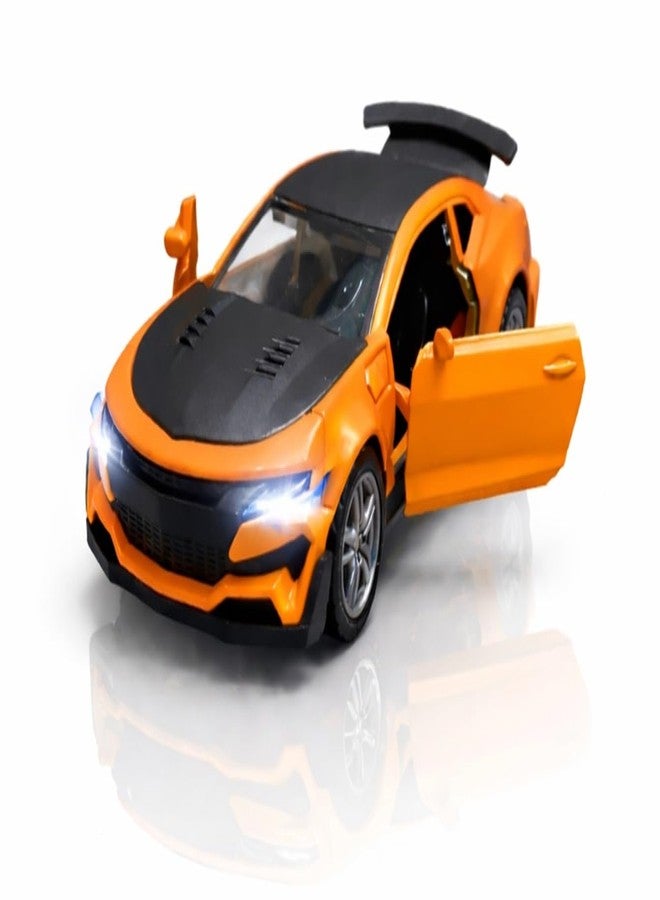 SQUIDSY Chevrolet Camaro Toy Car 1:36 Scale Diecast Metal Pull Back Vehicle with Openable Doors, Lights & Music – Sports Model for Kids, Boys & Collectors (Orange) - Image 1
