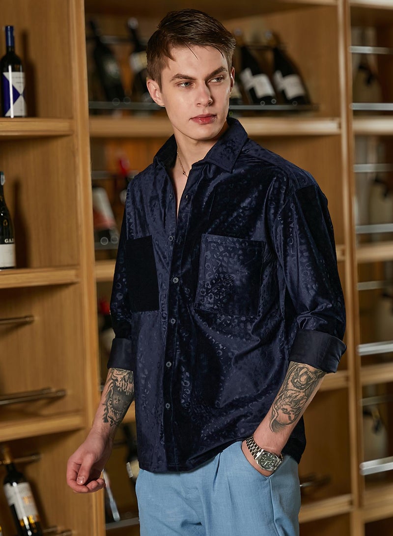 Campus Sutra Men's Navy Blue Cheetah Velvet Oversized Shirt - Image 3