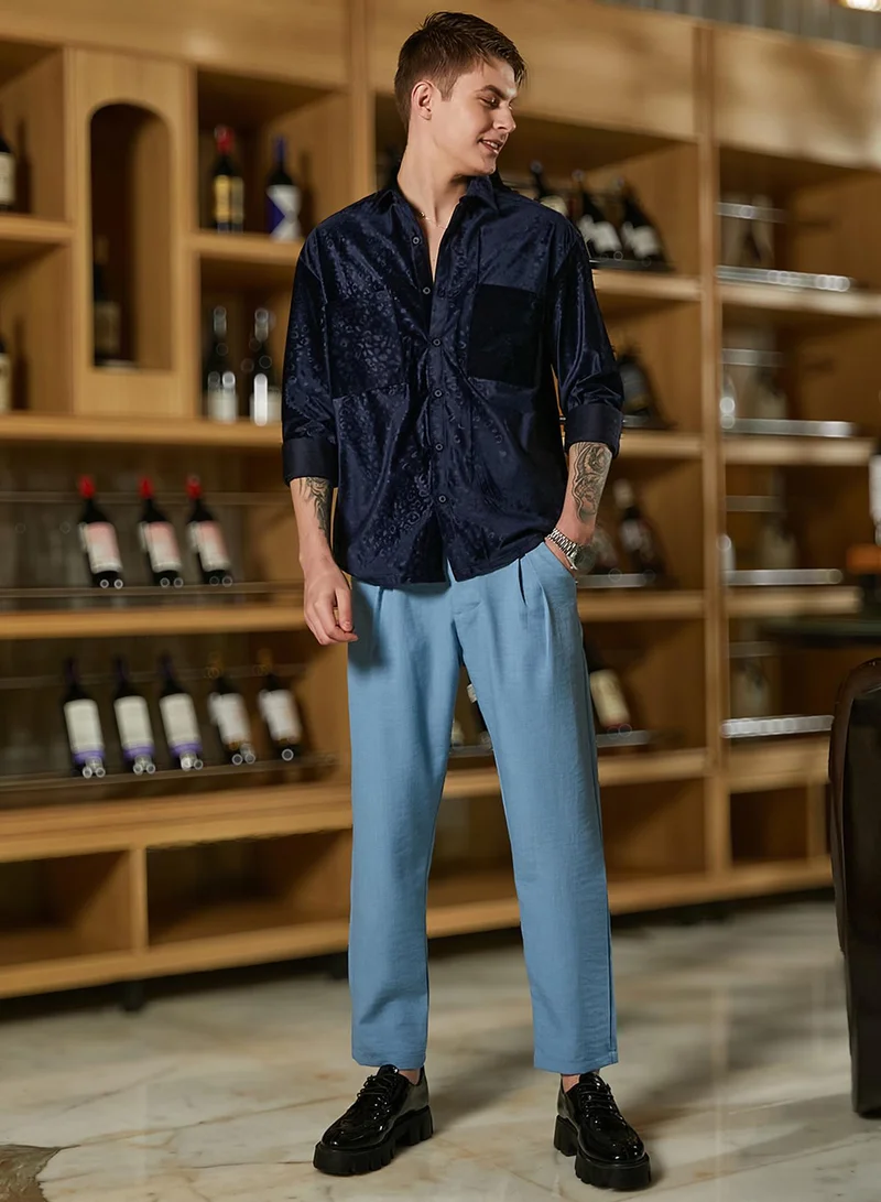 Campus Sutra Men's Navy Blue Cheetah Velvet Oversized Shirt