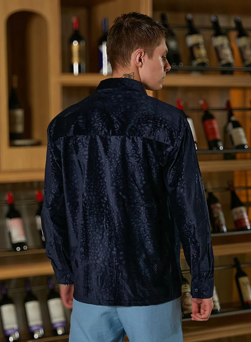 Campus Sutra Men's Navy Blue Cheetah Velvet Oversized Shirt