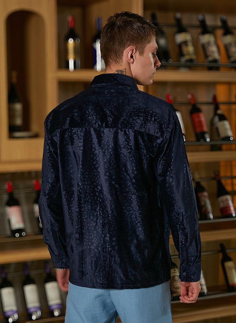 Campus Sutra Men's Navy Blue Cheetah Velvet Oversized Shirt - Image 5