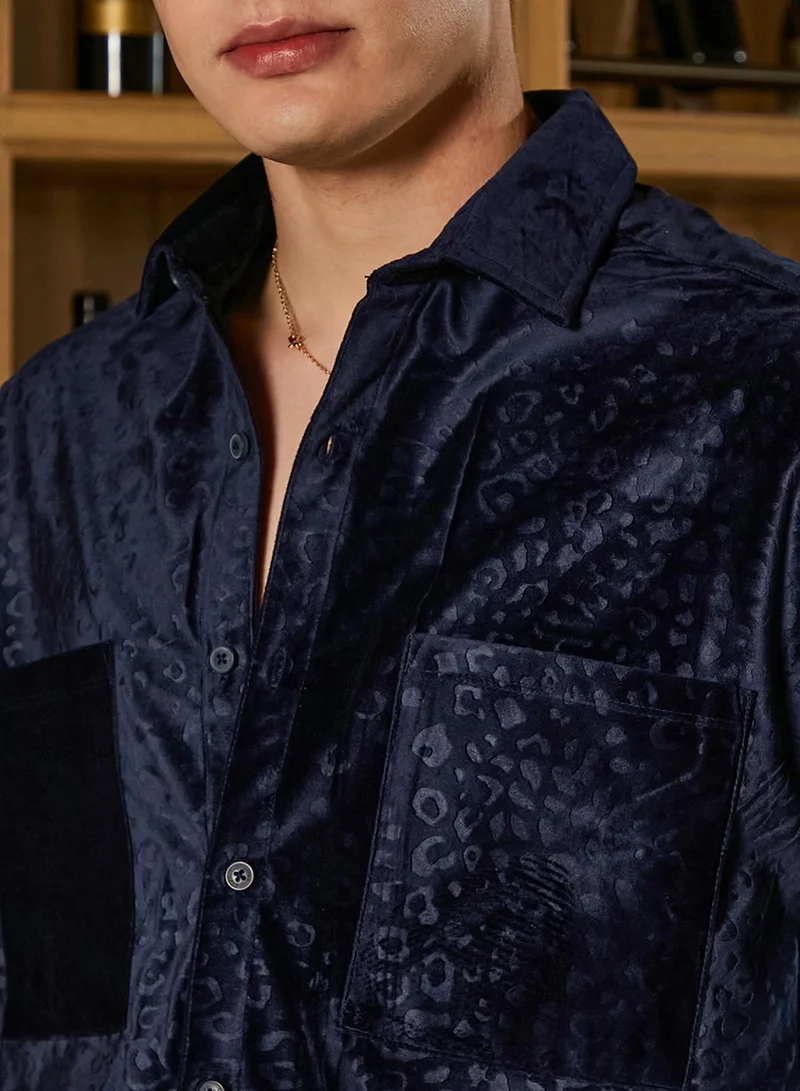 Campus Sutra Men's Navy Blue Cheetah Velvet Oversized Shirt