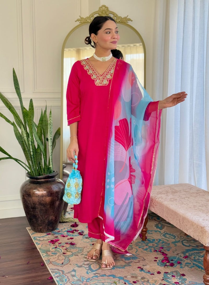 Super Asian "Rayon Slub Kurta with Rayon Slub Pant & Teby Silk Printed Dupatta – Embroidered Design" - Image 1