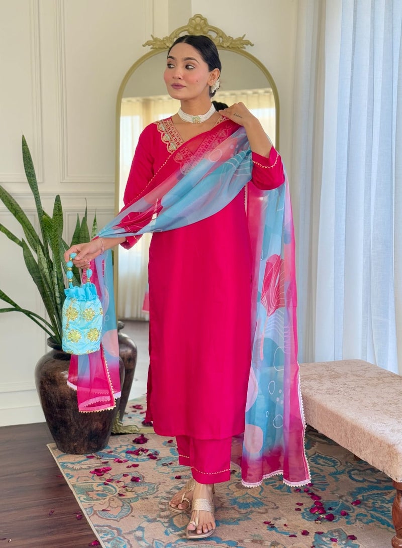 Super Asian "Rayon Slub Kurta with Rayon Slub Pant & Teby Silk Printed Dupatta – Embroidered Design" - Image 3