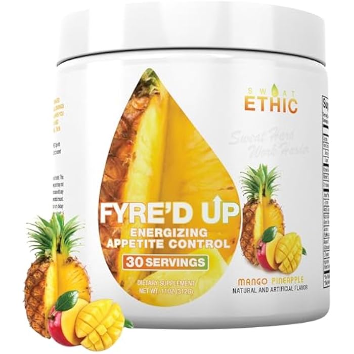 Sweat Ethic FYRE’D UP Energizing Appetite Suppressant, 200MG Natural Caffeine, Supports Active Lifestyle & Craving Control, Easy-Mix Powder for Pre Workout Energy, Mango Pineapple Flavor, 30 Servings - Image 1