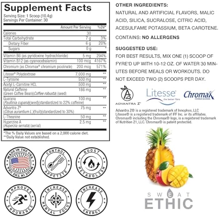 Sweat Ethic FYRE’D UP Energizing Appetite Suppressant, 200MG Natural Caffeine, Supports Active Lifestyle & Craving Control, Easy-Mix Powder for Pre Workout Energy, Mango Pineapple Flavor, 30 Servings - Image 2