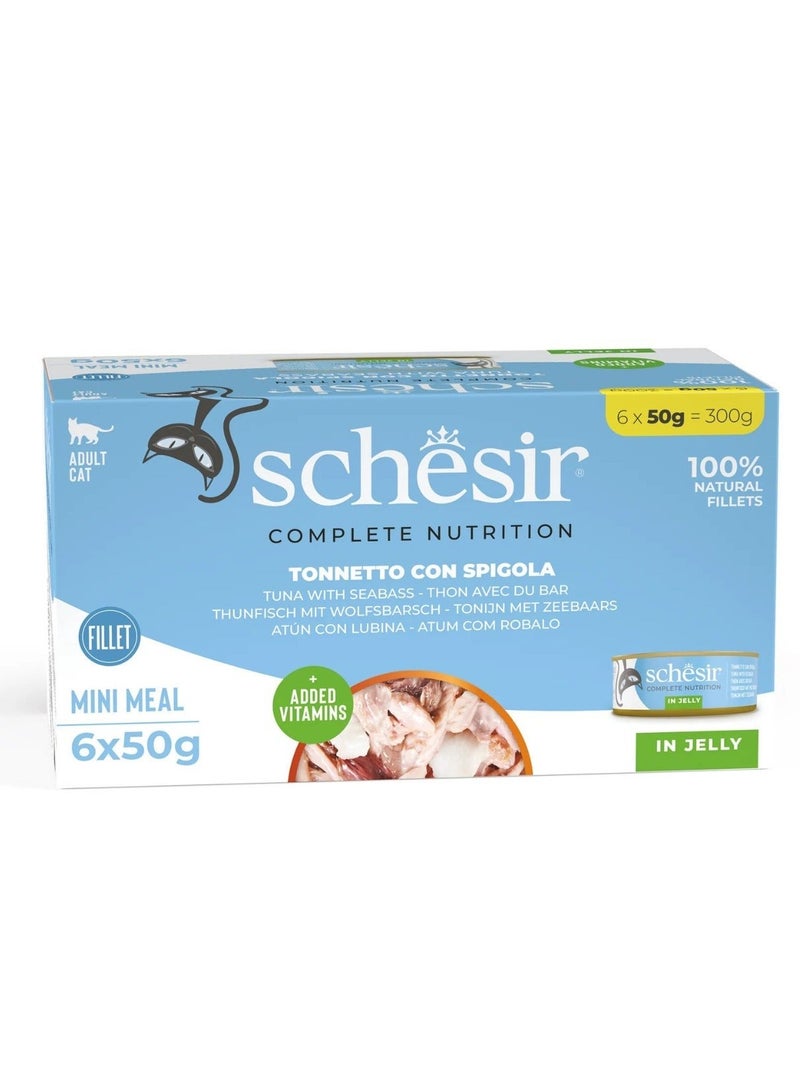 Schesir Complete & Balanced Nutrition Wet Cat Food in Jelly Can[Multi pack]- Tuna With Seabass (6X50g) - Image 1
