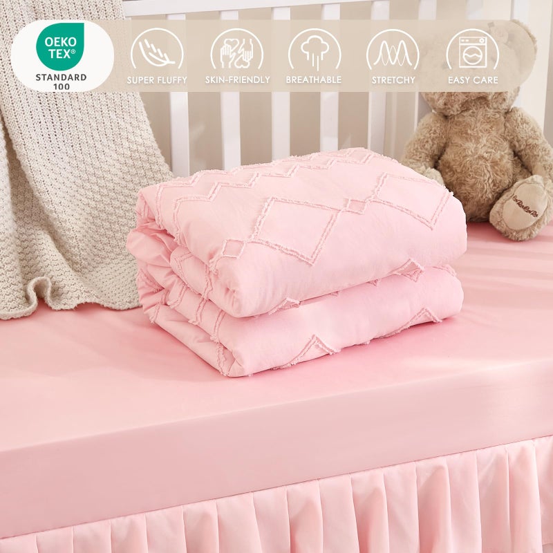 NacoMoco 3-Piece Tufted Ruffle Crib Bedding Set for Girls - Ultra Soft Baby Bedding Set Includes Boho Crib Comforter, Sheet & Skirt (Light Pink) - Image 3