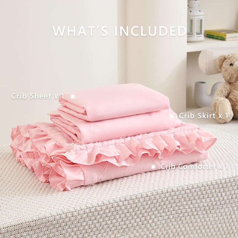NacoMoco 3-Piece Tufted Ruffle Crib Bedding Set for Girls - Ultra Soft Baby Bedding Set Includes Boho Crib Comforter, Sheet & Skirt (Light Pink) - Image 5