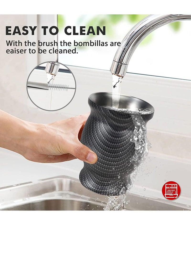 Y&D Yerba Mate Tea Cup 230ml Black Grid Stainless Steel Double Walled Easy Wash Household Insulation Gourds for Loose Leaf Drinking Includes Bombilla Straw and Cleaning Brush - Image 4