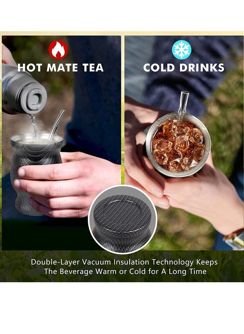 Y&D Yerba Mate Tea Cup 230ml Black Grid Stainless Steel Double Walled Easy Wash Household Insulation Gourds for Loose Leaf Drinking Includes Bombilla Straw and Cleaning Brush - Image 3