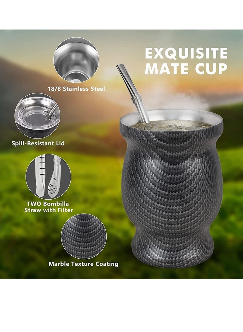 Y&D Yerba Mate Tea Cup 230ml Black Grid Stainless Steel Double Walled Easy Wash Household Insulation Gourds for Loose Leaf Drinking Includes Bombilla Straw and Cleaning Brush - Image 2
