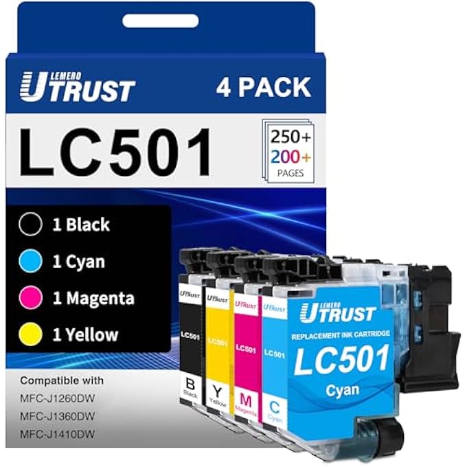 UTRUST LC501 INK CARTRIDGES COMBO PACK REPLACEMENT FOR BROTHER PRINTER LC501 COMPATIBLE WITH MFC-J1260DW MFC-J1360DW MFC-J1410DW PRINTERS (4 PACK, BLACK CYAN MAGENTA YELLOW) - Image 1