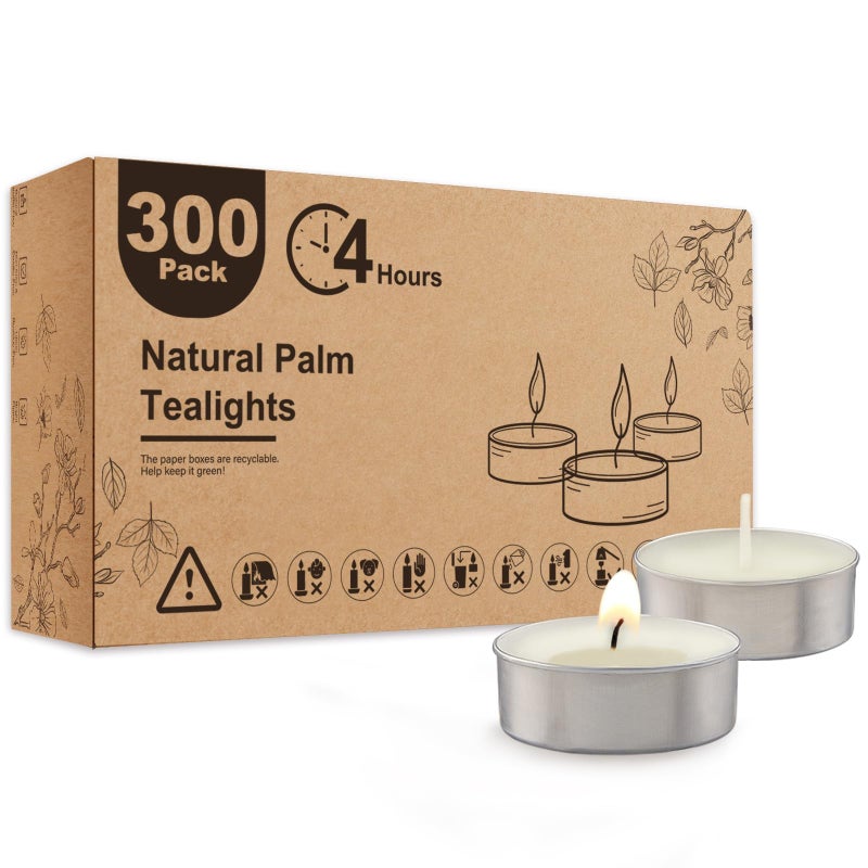 Ashlux Unscented Palm Tea Lights Candles 300 Pack Bulk 45 Hours Long Burning White Tea LightsNonParaffin Smokeless Mini Tealight Candles for Wedding Christmas Lights Party Power Outages