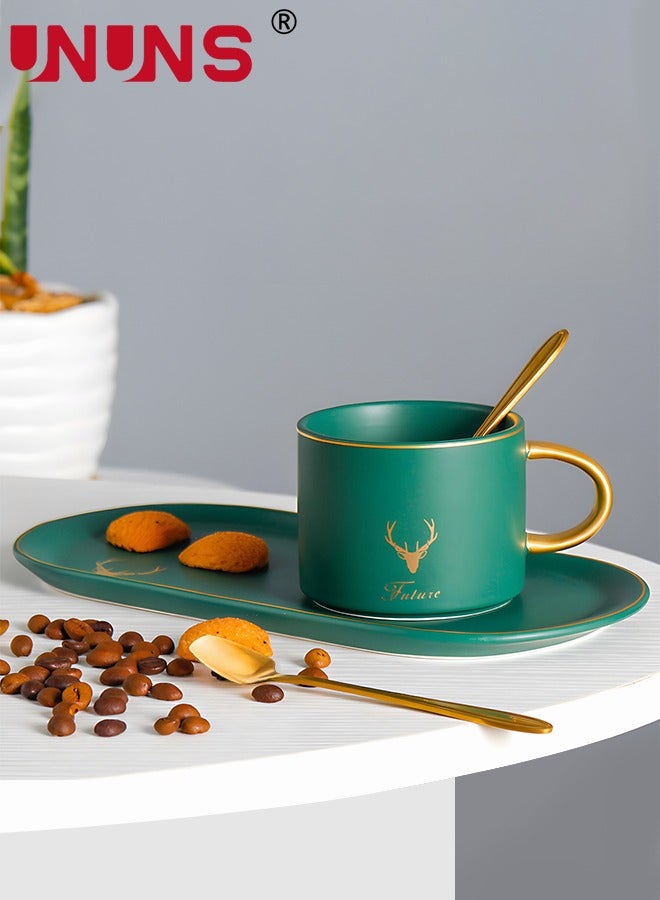 UNUNS Ceramic Cup And Saucer Set,Tea Cup With Saucer And Golden Spoon,Elk Pattern Tea Breakfast Dessert Plate For Cappuccino,Latte,Cereal,Milk,Home Office Party,3 Piece,250ML,Green  - Image 1