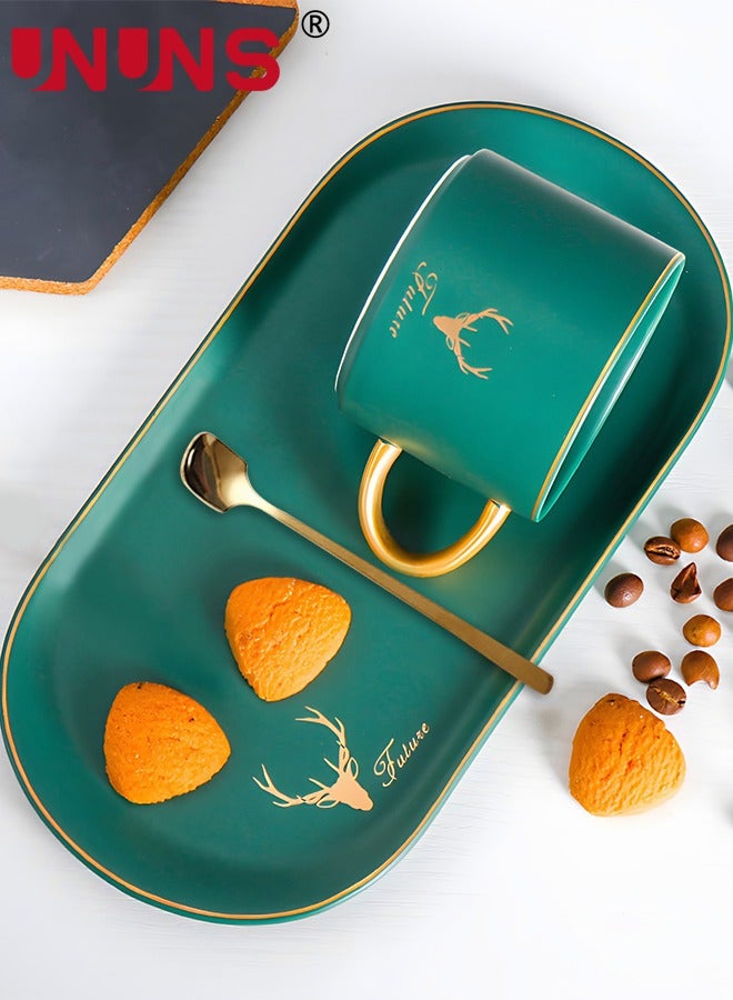 UNUNS Ceramic Cup And Saucer Set,Tea Cup With Saucer And Golden Spoon,Elk Pattern Tea Breakfast Dessert Plate For Cappuccino,Latte,Cereal,Milk,Home Office Party,3 Piece,250ML,Green  - Image 4