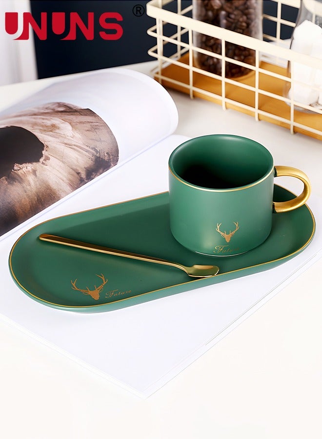 UNUNS Ceramic Cup And Saucer Set,Tea Cup With Saucer And Golden Spoon,Elk Pattern Tea Breakfast Dessert Plate For Cappuccino,Latte,Cereal,Milk,Home Office Party,3 Piece,250ML,Green  - Image 5