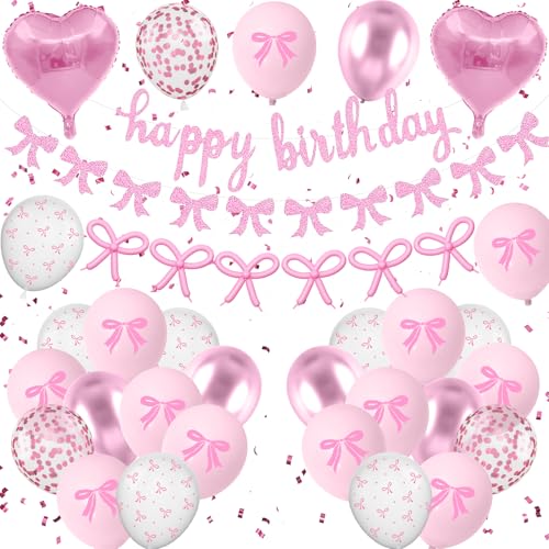 Vibzox Pink Bow Birthday DecorationsBow Coquette Party Decorations with Pink Happy Birthday Banner Bow Balloons Heart Foil Balloons for Girls Women Baby Shower Bow Theme Decor - Image 1