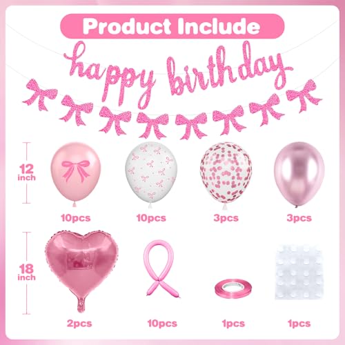 Vibzox Pink Bow Birthday DecorationsBow Coquette Party Decorations with Pink Happy Birthday Banner Bow Balloons Heart Foil Balloons for Girls Women Baby Shower Bow Theme Decor - Image 5