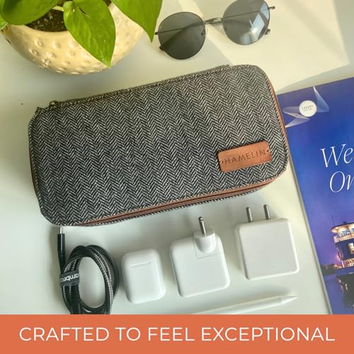 HAMELIN Oslo Tech Organizer Pouch|Grey Herringbone,Tweed Fabric|All in One Gadget Organizer|Multipurpose Pouch for Men & Women|Stylish Storage for Earphone, USB Cable, Power Bank, Mobile Charger - Image 3