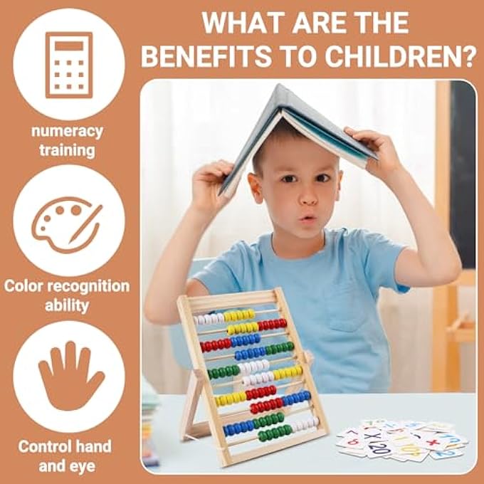 WOODEN ABACUS, SLIDE RULE FRAME, CLASS RULING SLIDER, 100 BEADS, 100 COUNTING STICKS, 40 DIGITAL CARDS, AGES 3+ - Image 5