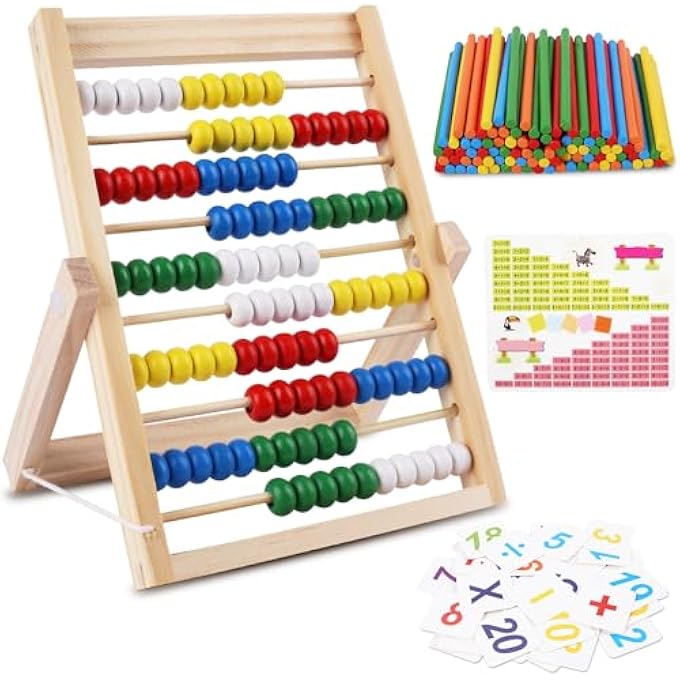 WOODEN ABACUS, SLIDE RULE FRAME, CLASS RULING SLIDER, 100 BEADS, 100 COUNTING STICKS, 40 DIGITAL CARDS, AGES 3+ - Image 2