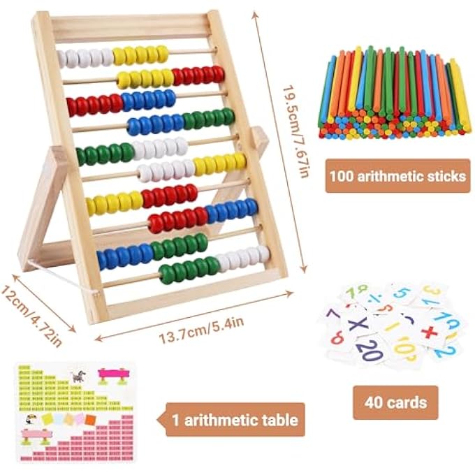 WOODEN ABACUS, SLIDE RULE FRAME, CLASS RULING SLIDER, 100 BEADS, 100 COUNTING STICKS, 40 DIGITAL CARDS, AGES 3+ - Image 3