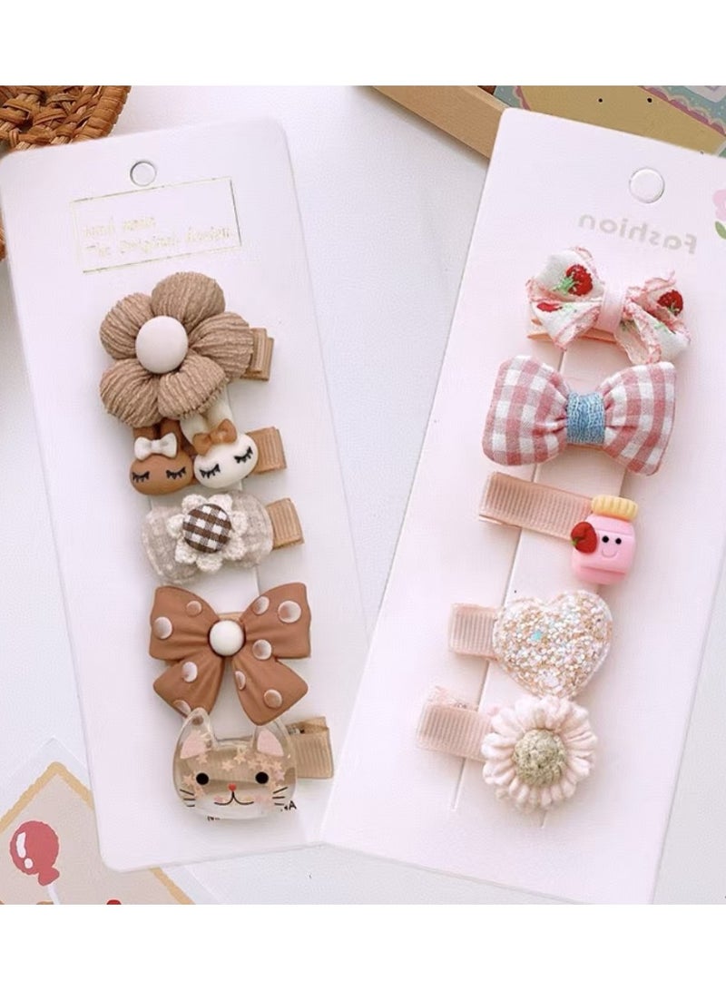 Sparkle Accessories 10 Pcs Charming Girls' Hair Clip Set: Adorable Flower, Bow, and Cartoon-Shaped Knitted Hairpin in Soft Neutral Tones - Crafted from Quality Fabric and Plastic, Perfect for Daily Hair Styling and Special Occasions (Brown) - Image 1