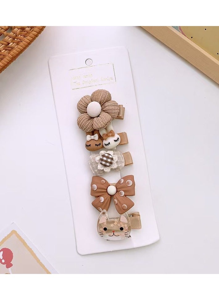 Sparkle Accessories 10 Pcs Charming Girls' Hair Clip Set: Adorable Flower, Bow, and Cartoon-Shaped Knitted Hairpin in Soft Neutral Tones - Crafted from Quality Fabric and Plastic, Perfect for Daily Hair Styling and Special Occasions (Brown) - Image 3
