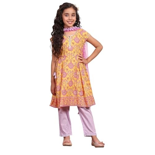 Biba Girl's Yellow Cotton Flared Printed Suit Set - Image 1