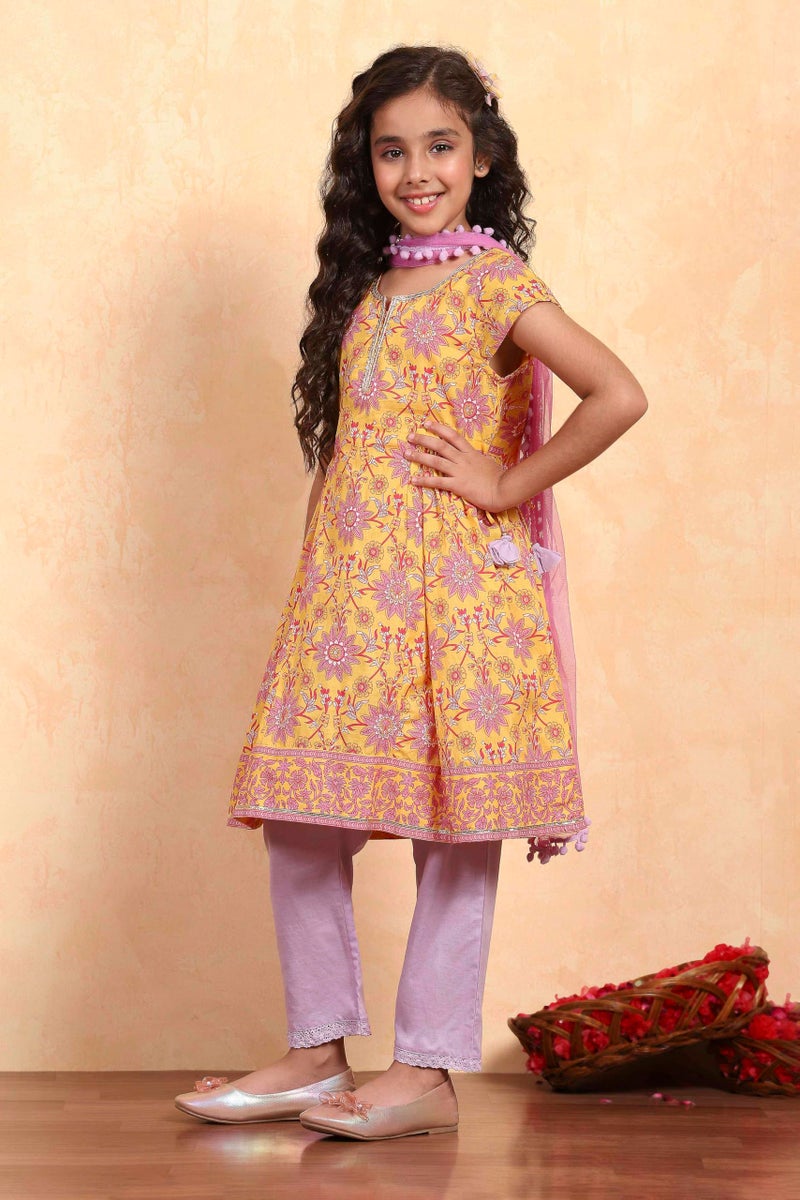 Biba Girl's Yellow Cotton Flared Printed Suit Set - Image 3