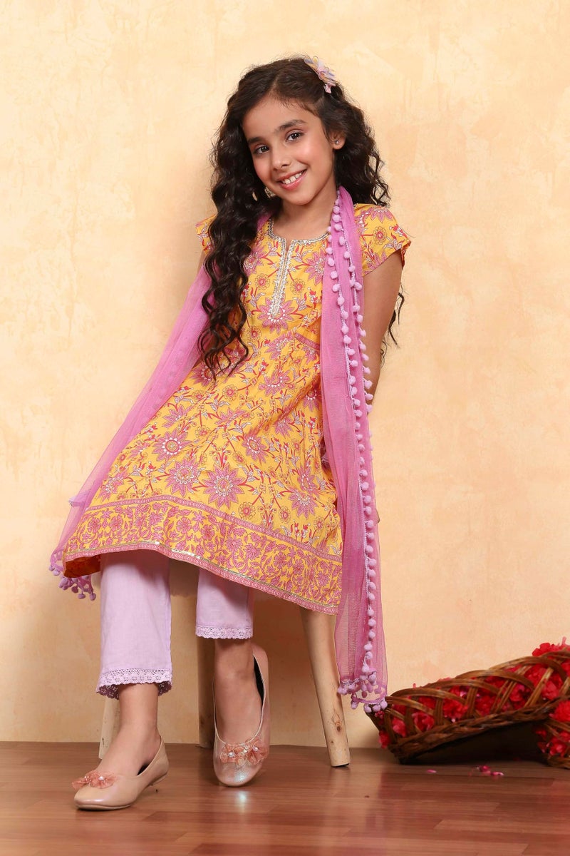 Biba Girl's Yellow Cotton Flared Printed Suit Set - Image 2